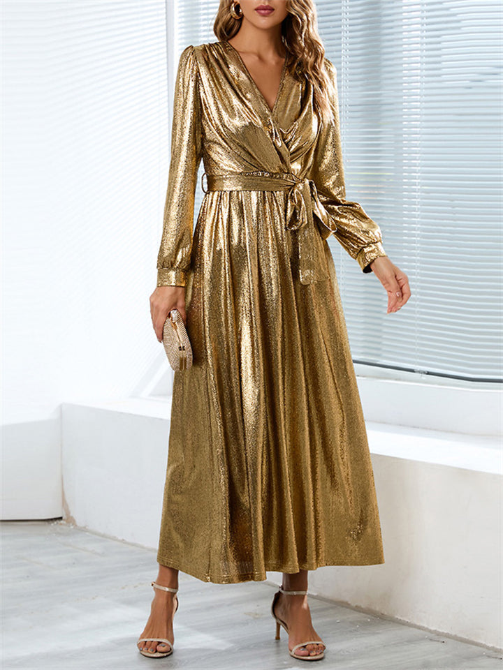 Elegant Lady V Neck Waist Belt Fit Evening Long Dress