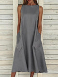 Casual Fit Round Neck Sleeveless Solid Color Pocket Midi Dress