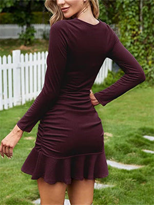 Sexy Women's Long Sleeve Pleated Knit Mini Dress
