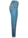 Fashion Leopard Print Straight-Leg Blue Denim Jeans for Women