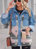 Girl's Geometric Printed Loose Denim Patchwork Button Lapel Coats