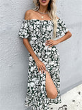 Trendy Summer Wearing High Slit Off Shoulder Printed Slim Dresses