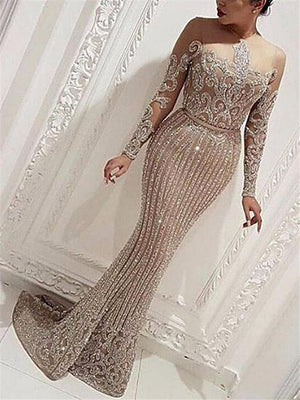 Exquisite Gilding Fitted Waist Long Sleeve Evening Dress