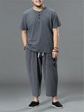 Loose Fit Linen 2-Piece Round Neck Button T-Shirt + Drawstring Cropped Pants
