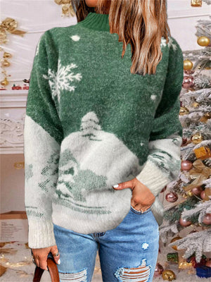 Snowflake Print Long Sleeve Women Pullover Knitted Sweater for Christmas Party