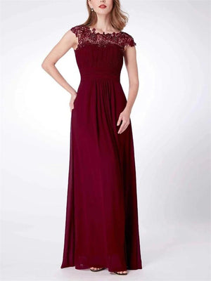 Elegant Cap Sleeve Lace Neckline Ruched Bust Evening Dress