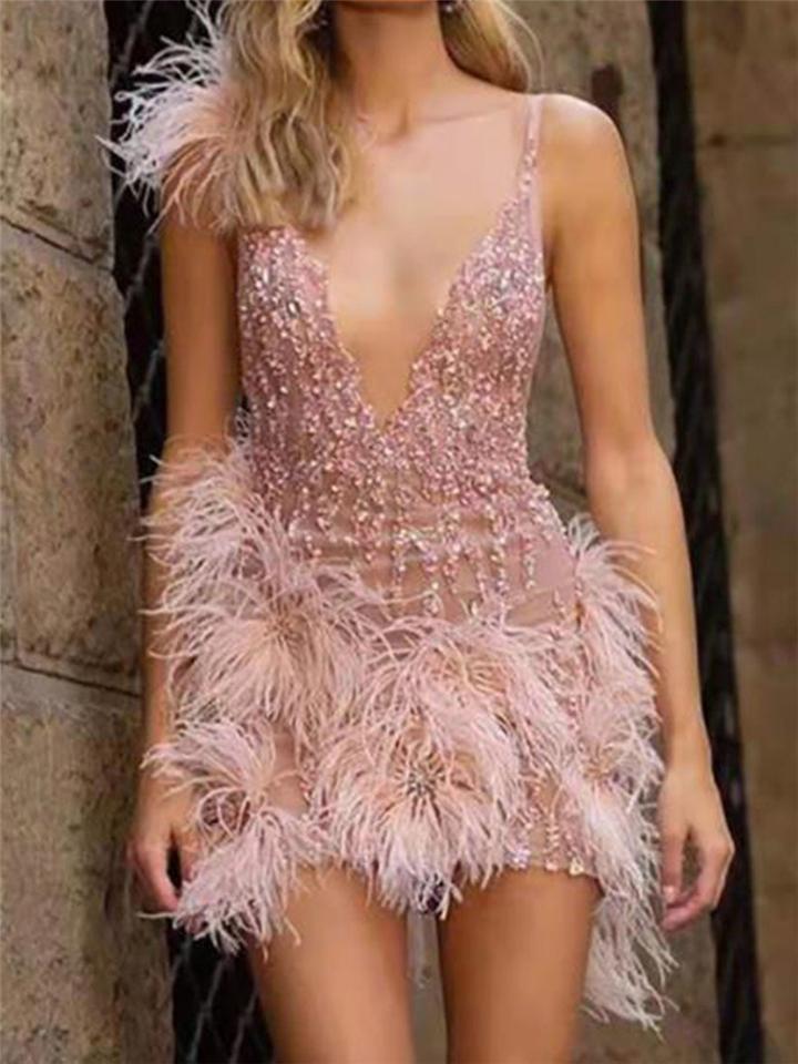Pink Sexy Deep V Feather Sling Party Dress