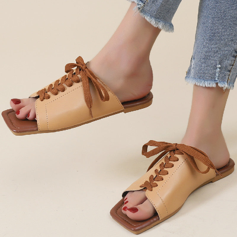 Women's Trendy Lace-up Cozy Square Toe Flat Sandals