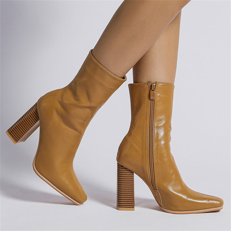 Women's Fashion Square Toe Chunky High Heel Party Mid Calf Boots