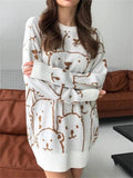 Adorable Animal Print Round Neck Loose Knit Pullover Sweeter Sweater
