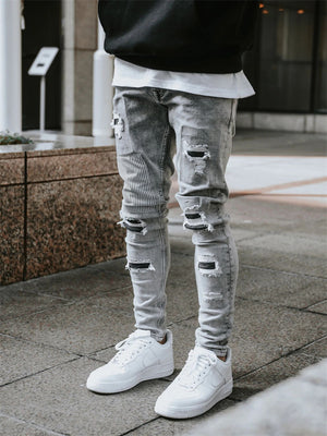 Men's Autumn Winter Ripped Skinny Ins Stylish Patchwork Pants