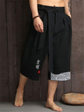 Mandarin Style Drawstring Wide Leg Calf-Length Linen Pocket Pants