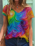 Loose Fit Multicolor Printed V Neck Pullover Short Sleeve T-Shirt