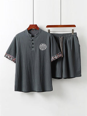 Mens Vintage Loose Linen Casual Short Sleeve T-Shirts+Shorts