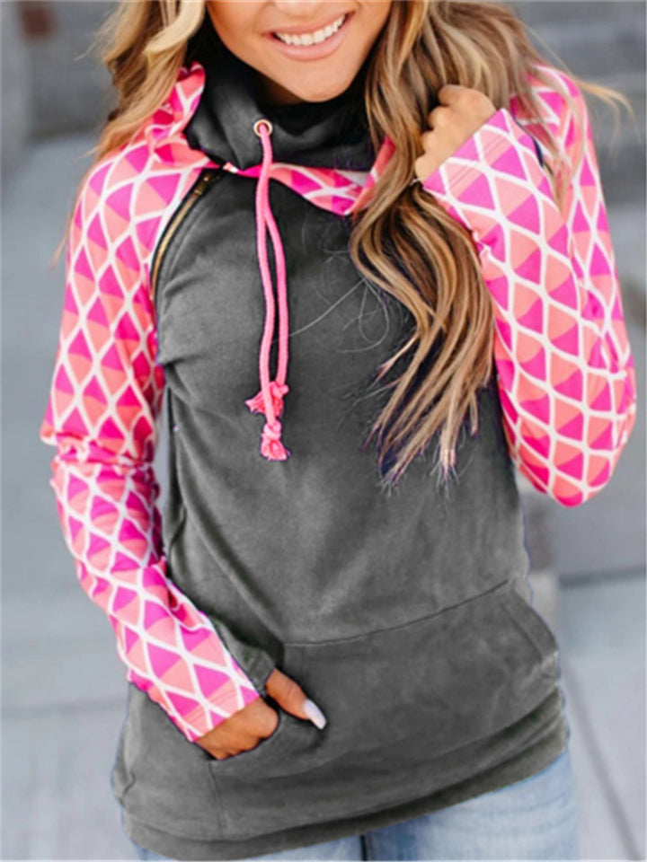 Spring Autumn Comfort Plaid Sleeve Ladies Splice Hoodies