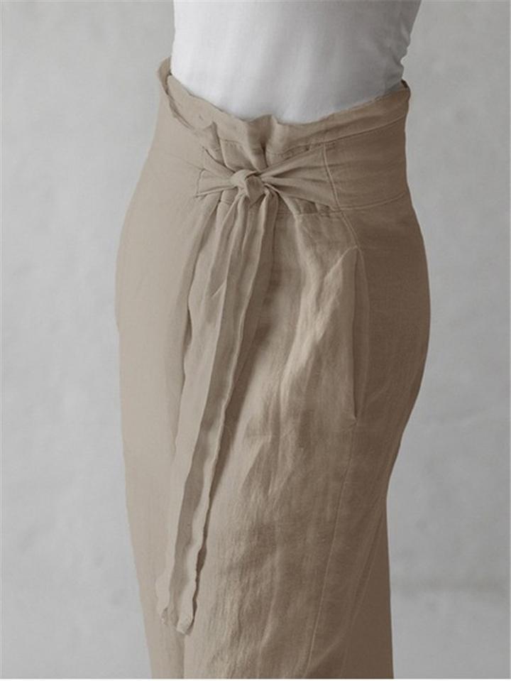 Minimalist Style High-Rise Side Tie Up Pocket Cotton Linen Pants