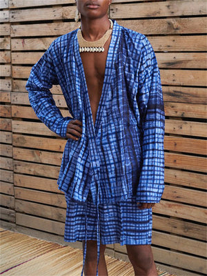 Men's African Style Plaid Print Long Sleeve Oversized Vacation Sets