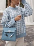 Casual Style Round Neck Houndstooth Long Sleeve Pullover Sweater