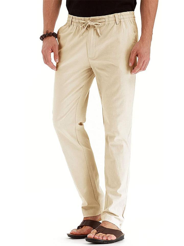Men's Elastic Drawstring Waistband Casual Straight Cotton Pants