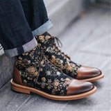 Men's Fashion Floral Printed Black Jack Boots