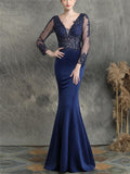 Pretty V Neck Tulle Sleeve Backless Mermaid Dress for Evening Party
