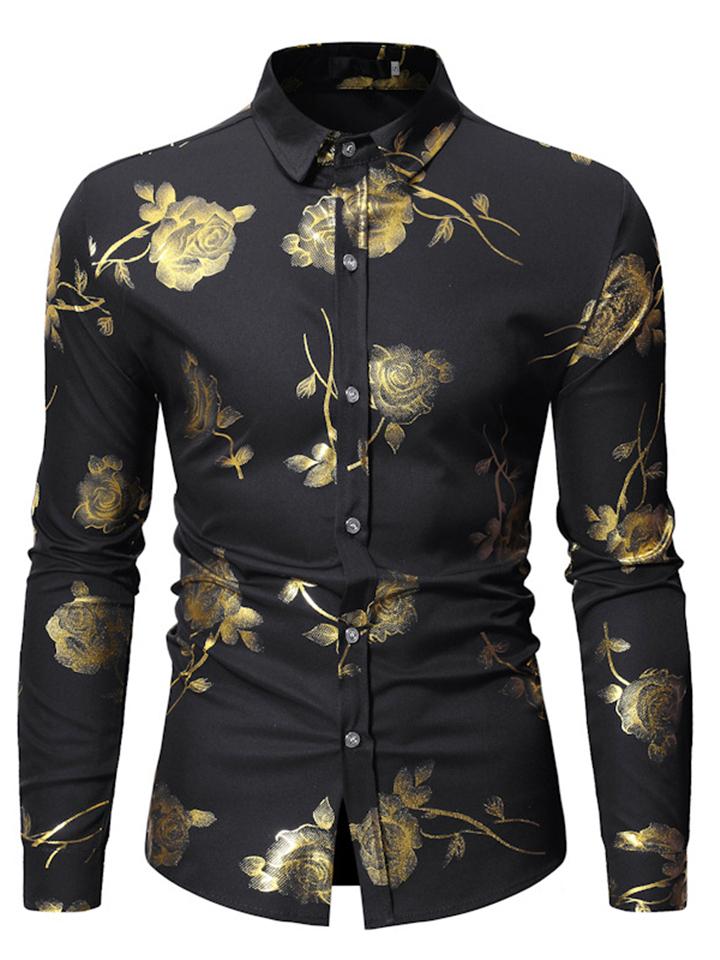 Men’s Button Up Rose Print Long Sleeve Shirt