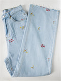 Casual Style Floral Embroidery Straight-Leg Light Blue Denim Jeans for Women