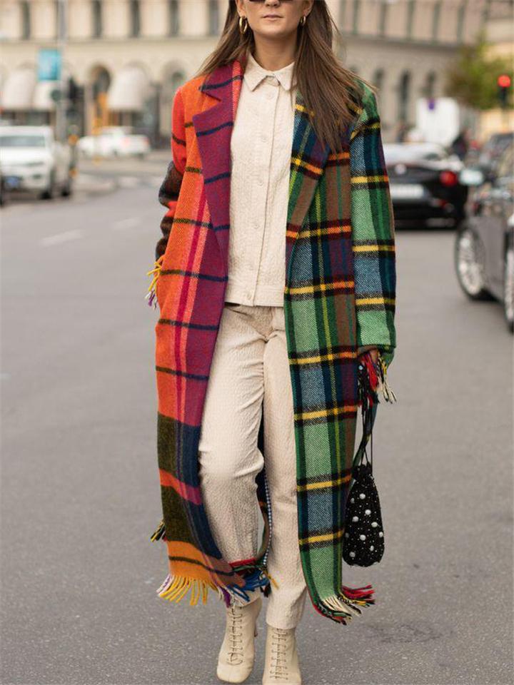 Stylish Lapel Collar Plaid Woolen Coat