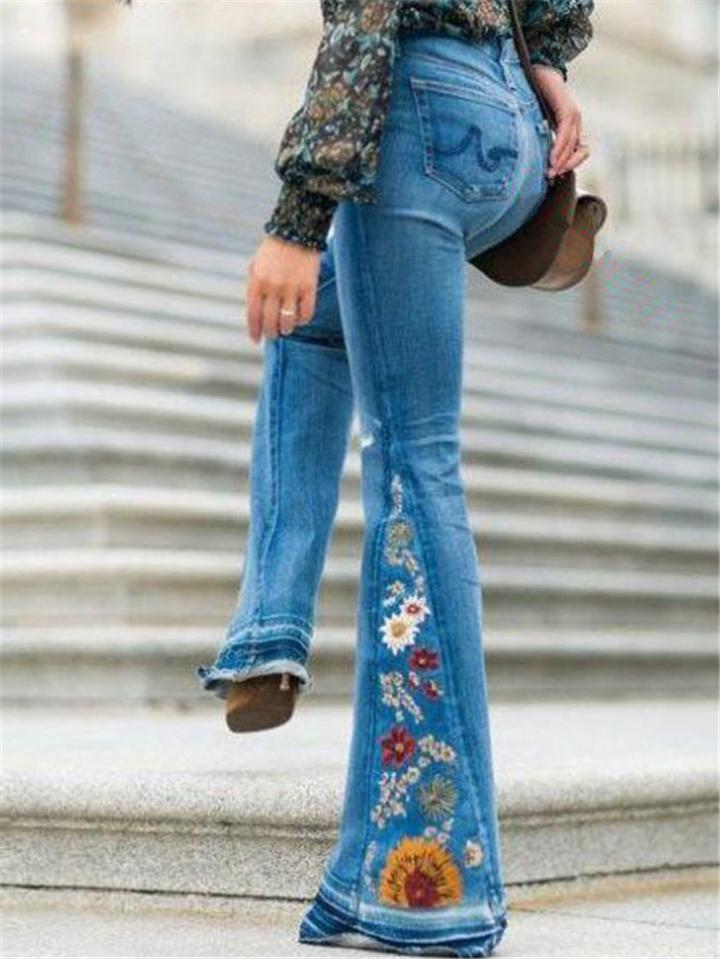 Slim Fit Floral Embroidery Bell Bottom Denim Pants