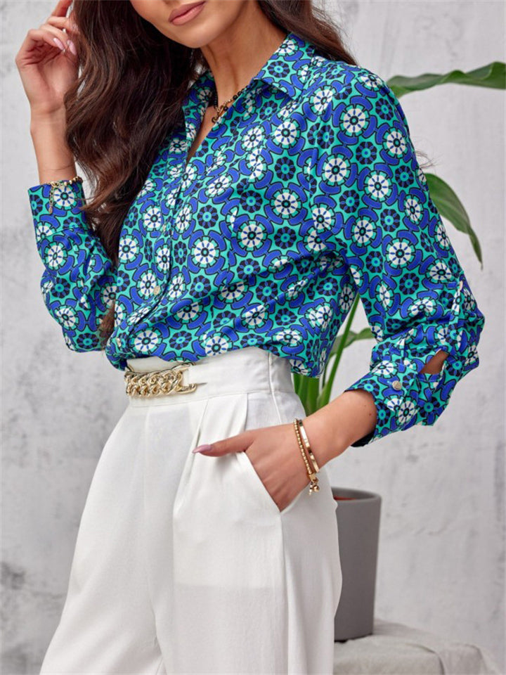Spring Autumn Extra Loose Contrast Color Floral Elegant Lady Blouses