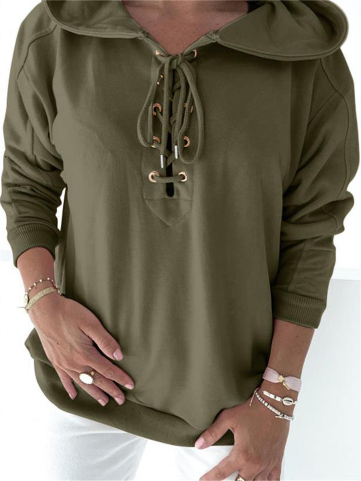Sports Casual Solid Color Lace Up Long Sleeve Hoodies for Women