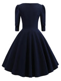 Navy Blue 1950S V Neck 3/4 Sleeve Swing Dress