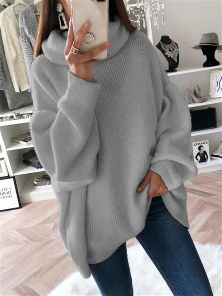 Oversized High Neck Solid Collar Long Sleeve Ribbed Knit Sweater