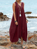 Women's Deep V Neck Pocket Backless Lace Up Loose Beach Dress
