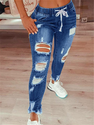 Fashion Elastic Waistband Distressed Slash Pockets Ripped Mom Jeans