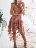 Pink Spaghetti Strap Floral Lace Asymmetrical Dress