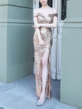 Stunning Sequined Backless Thigh High Slit Dress for Evening