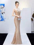 Elegant Sexy Slim Sequins Split Fishtail Evening Dresses