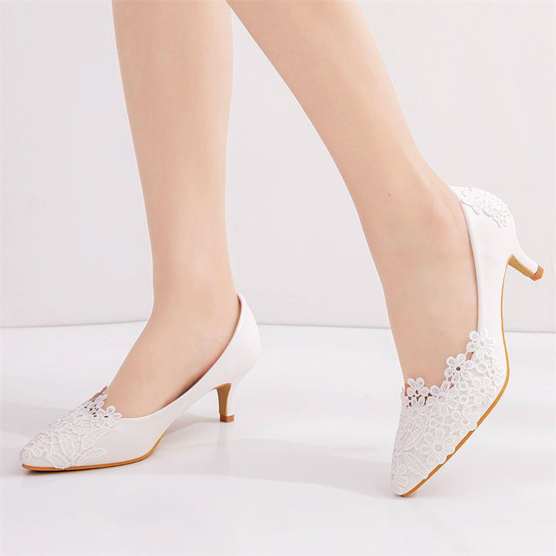 Elegant Womens White Lace Floral Mid Heels Wedding Pumps