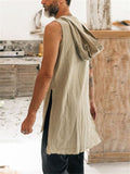 Relaxed Raw Edge Side Slit Linen Cotton Hoodie Mens