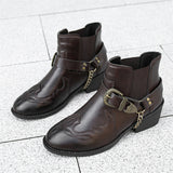 Women's Vintage Metal Buckle Chain Decorated Ankle Boots