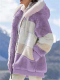 Women's Color Block Cozy Fleece Zip Up Hooded Coat for Winter