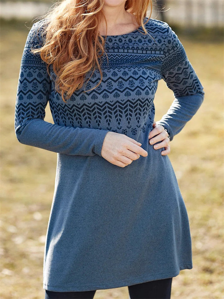Ethnic Style Printed Long-sleeved Crew Neck Lady Dresses