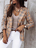 New Office Lady Elegant Turn-Down Collar Plaid Long Sleeve Coats