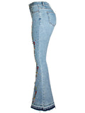 Pretty Small Floral Embroidery Colourful Pearl Vintage Style Bell Bottom Denim Jeans