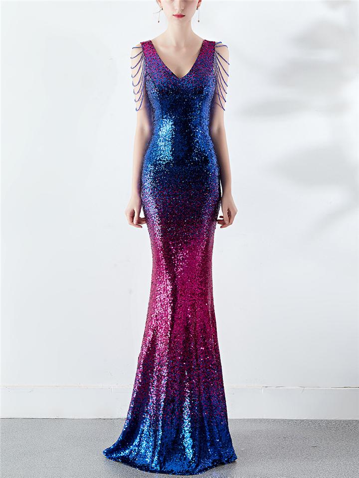 Shimmering Sequined V Neck Backless Mermaid Dress for Evening Party