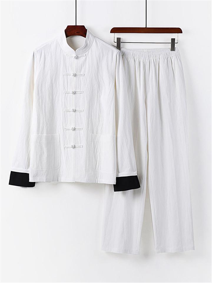 Relaxed Fit 2-Piece Outfit Retro Button Collar Shirt + Elastic Waistband Full-Length Pants