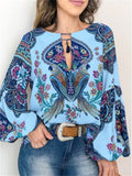 Distinctive Retro Style Printed Round Neck Long Lantern Sleeve Blouse