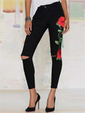 Women's Autumn Season 3D Red Floral Embroidery Slim Fit Jeans