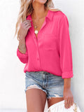 Office Lady Simple Button Pocket Comfortable Pure Color Silk Blouses